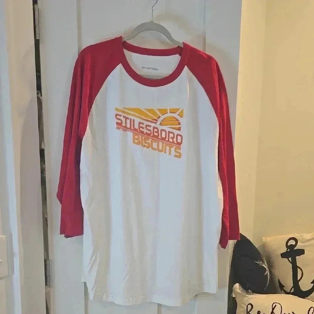 Stilesboro Biscuits Red and White Long Sleeve Tee with Vintage Graphic